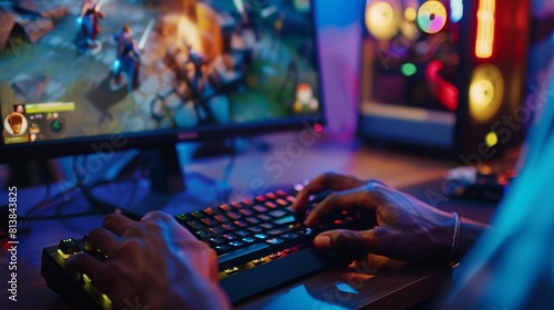 Gamer Plays Online Video Game on Computer. African American Male Enjoys Strategy with Arcade Online Multiplayer PvP Battle on Screen. Close-up of Hands on Keyboard.