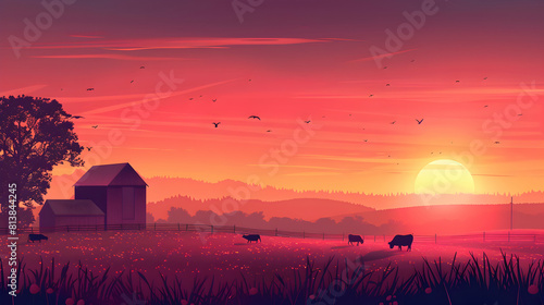 Pastoral Sunset  Tranquil Flat Design with Farm Fields and Livestock Illuminated by Setting Sun