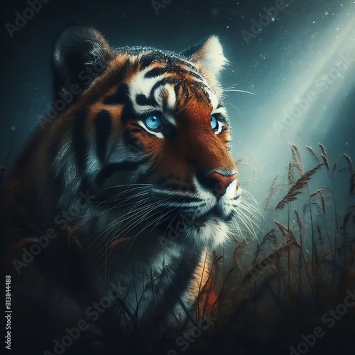 tigre  aux yeux bleus,  au claire de lune arrière flou , gouttes d'eau, humidité dans l'aire, brume, se trouvant dans herbes fine et sèche, plans de proche, qualité hd ,4k,8k  photo