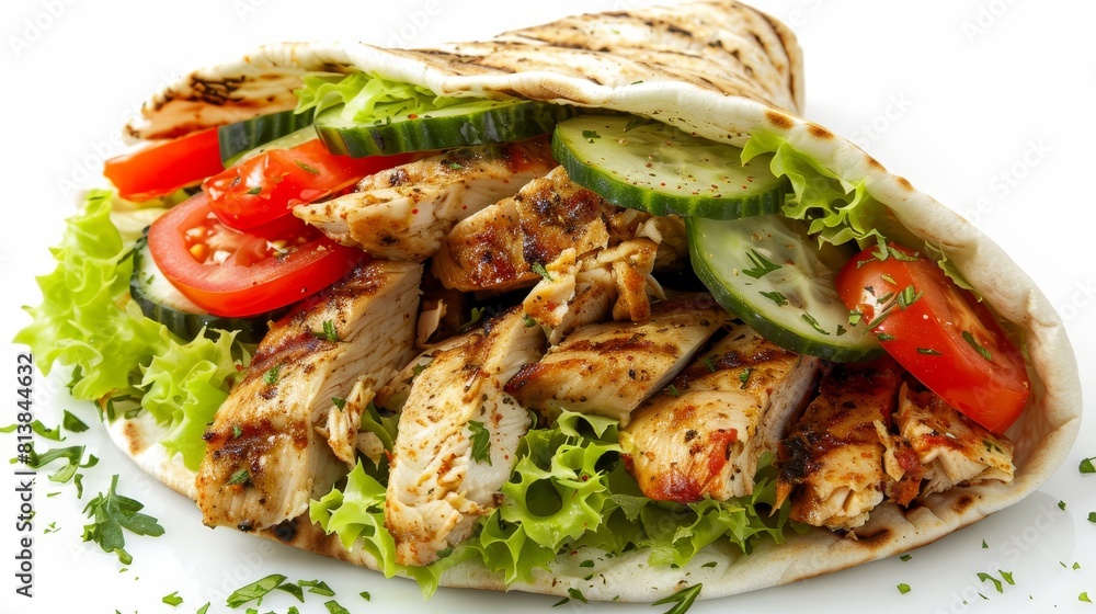 Detailed view of a grilled chicken shawarma, bursting with tomatoes, cucumber, and lettuce, isolated for advertising focus Detailed view of a grilled chicken shawarma, bursting with tomatoes, cucumber, and lettuce, isolated for advertising focus