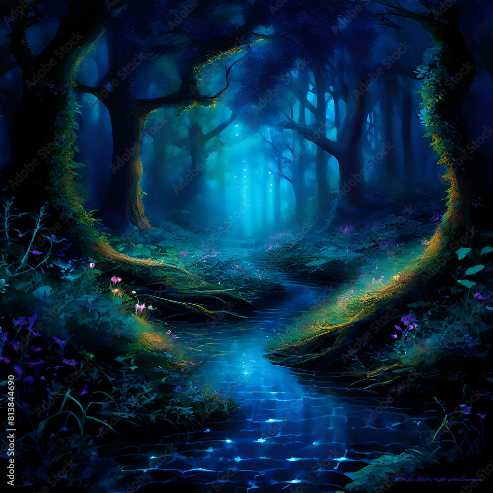 A mystical forest illuminated by the soft glow of bioluminescent plants, casting an ethereal light over a winding path leading deeper into the woods.