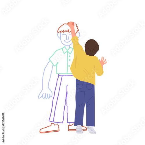Cheerful boy pupil character drawing human figure on white wall using crayons vector illustration