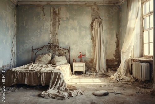 Sunlight filters into a neglected vintage bedroom with peeling walls and a dusty atmosphere