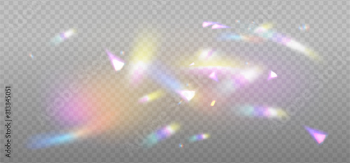 Rainbow dispersion highlights on a light background. Glare or reflection from water and glass. Glittering particles for social media cover, photo shots. Vector Overlay texture