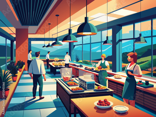 Food on the shelves in the self-service buffet with all inclusive and people in the hotel