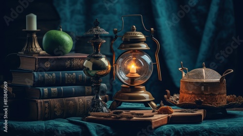 vintage glowing lamp placed with old books, clock, and magnifying glass.AI generated image