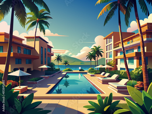 Swimming pool, sun loungers and umbrellas near the hotel in the resort.