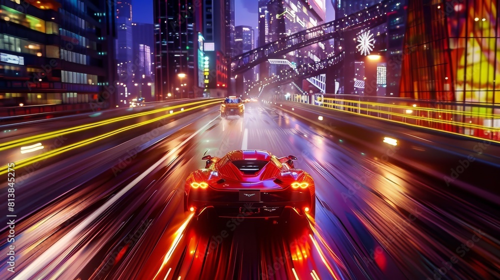 This is a game engine generated 3D rendering of a car driving fast and drifting along a night highway in a futuristic city. Third-person perspective.