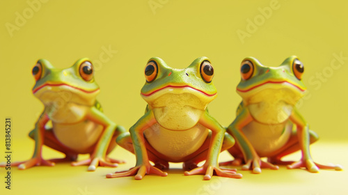 Three colorful frogs with expressive eyes sitting closely on a vibrant yellow background, capturing a whimsical scene.