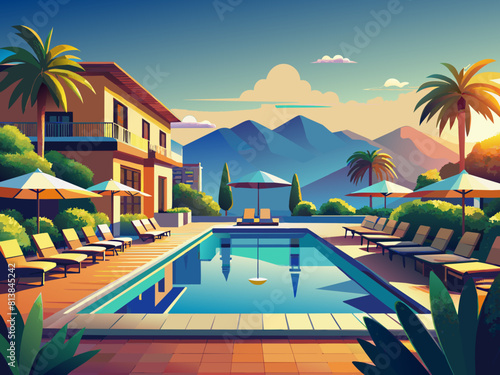 Swimming pool, sun loungers and umbrellas near the hotel in the resort.