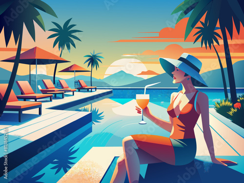 Young woman relaxing in chair on balcony of beachfront hotel