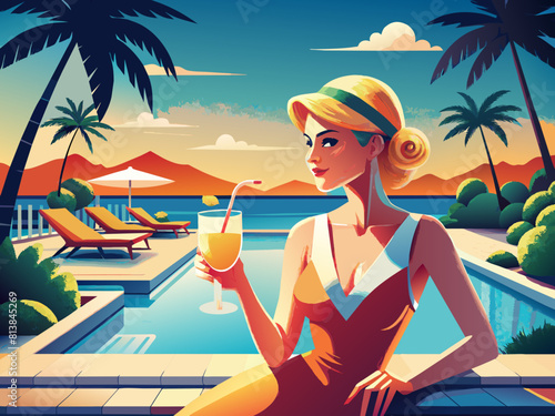 Young happy woman enjoy of summer vacations with refreshing pina colada and cocktails by the pool at the all-inclusive resort