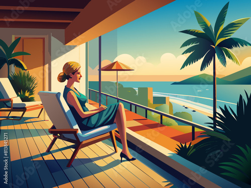 Young woman relaxing in chair on balcony of beachfront hotel