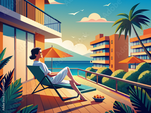 Young woman relaxing in chair on balcony of beachfront hotel