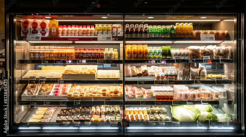 Detailed supermarket display case featuring various products, under isolated lighting to focus on quality and appeal, perfect for advertising
