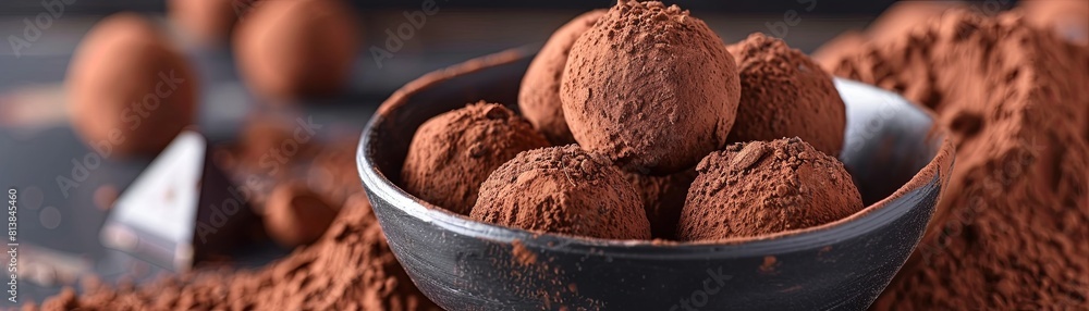 Decadent chocolate truffles dusted with cocoa powder. Decadent chocolate truffles dusted with cocoa powder.