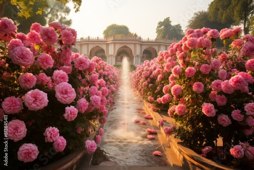 Fototapeta Naklejka Na Ścianę i Meble -  Warm sunrise bathing a tranquil rose garden and a fountain in a historical setting