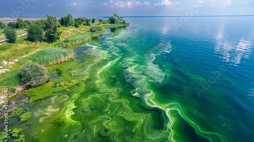 Cyanobacteria bloom in the lake. Harmful algae. Green water.