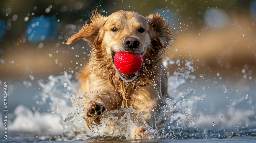 Capture the exuberance of a Golden Retriever as it runs around happily with a red ball in its mouth. AI generative.
