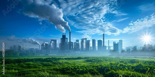 Contrasting city skyline with billowing smoke stacks and clean green environment. Concept City Skylines  Smoke Stacks  Green Environment  Contrasts  Urban Development