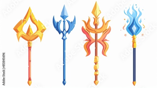 Icon for magic staff. Cartoon fantasy ui illustration with demon trident and spear. Gold mythology pitchfork for demon illustration. Isolated blue neptune weapon with arrow for magician. Isolated