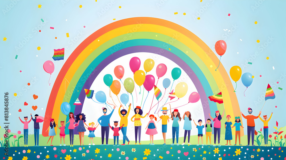 Colorful and Inclusive Rainbow Family Day Concept with a Variety of Families Celebrating Together at a Pride themed Event   Flat Design Icon Illustration
