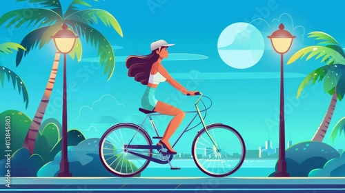An active young woman riding a bicycle on the highway with street lamps and palm trees. Modern illustration of a busy person enjoying a summer day out  headed for rocky hills.