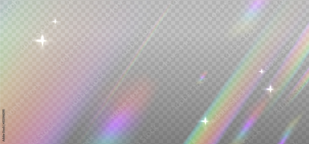 Iridescent crystal leak glare reflection effect. Optical rainbow ray lights, glare, leak, streak overlay. Vector colorful lenses and light flares with transparent effects on light background.