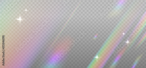Iridescent crystal leak glare reflection effect. Optical rainbow ray lights, glare, leak, streak overlay. Vector colorful lenses and light flares with transparent effects on light background.