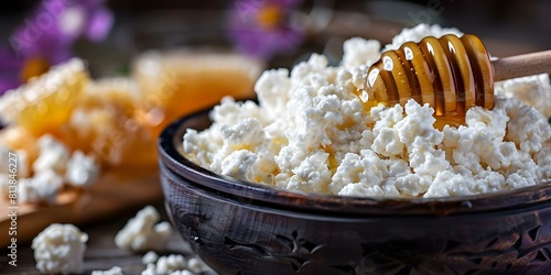 Closeup of rustic cottage cheese and honey in a bowl on table. Concept Food Photography, Cottage Cheese, Honey, Rustic, Close-up Shot