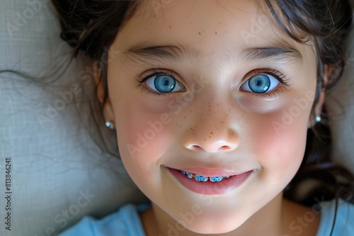 Close up portrait of little girl with braces  concept of teeth alignment and beautiful smile