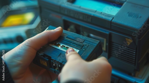 Typical Nineties Technology Concept. Close up of a person inserting a VHS cassette into a player with nostalgia footage from a home video camera. Shallow Depth of Field. photo