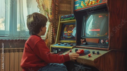 Retro Child Concept: Young Boy Playing an Old-School Arcade Video Game on a Retro TV Set at Home. Kid Waiting for New Level to Load. photo