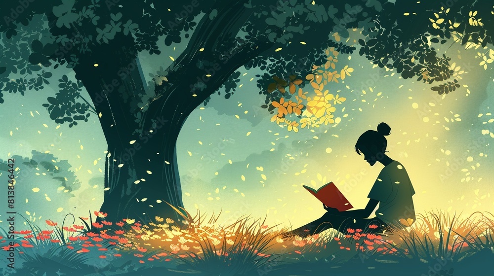 The AI-generated photo shows a girl sitting under a tree reading a book ...