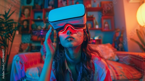 Wearing a VR headset at home, a young female creative enters a 3D digital world with avatars utilizing next generation immersive social media and online metaverse platforms.