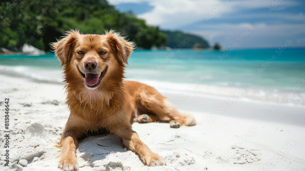 A happy dog enjoys the sunny beach, playing on white sand and radiating joy. AI generative. A happy dog enjoys the sunny beach, playing on white sand and radiating joy. AI generative.