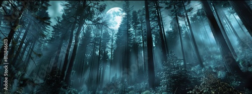 A misty, moonlit night with the moon glowing through towering forest trees. photo