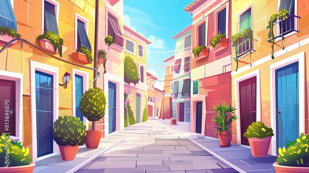 Modern illustration of a sunny, old town street in Italy. Architectural style houses and apartment facades in a Mediterranean district.