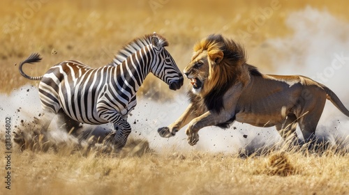 Zebra fights with lion in Savannah