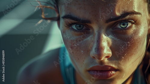 athletic young girl athlete sweating from exertion  looking at the camera  close-up  with space for text