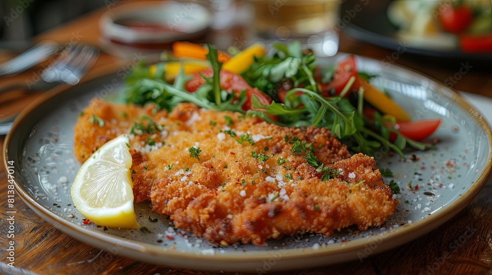 Crispy and juicy schnitzel with lemon and fresh salad Crispy and juicy schnitzel with lemon and fresh salad