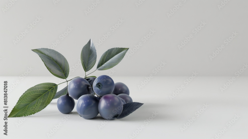 A bunch of fresh, ripe blue plums with vibrant green leaves, artistically arranged on a white background. A bunch of fresh, ripe blue plums with vibrant green leaves, artistically arranged on a white background.
