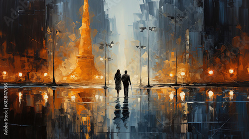 Contemporary Oil Painting of Winter Snow And Rainy Weather In The City Landscape Background