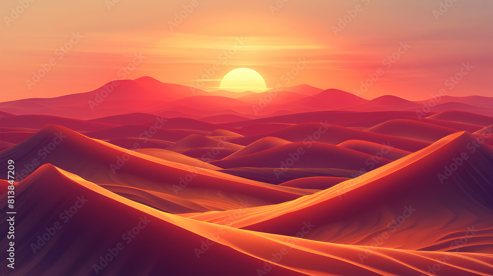 Sunset Over Sand Dunes: Sand dunes ripple under a fading sunset in flat design concept Sunset Over Sand Dunes: Sand dunes ripple under a fading sunset in flat design concept