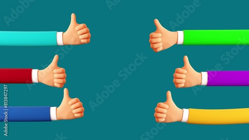 Thumbs up gesture 3d cartoon multicolored hands on both sides of the screen. Looped animation with alpha channel.