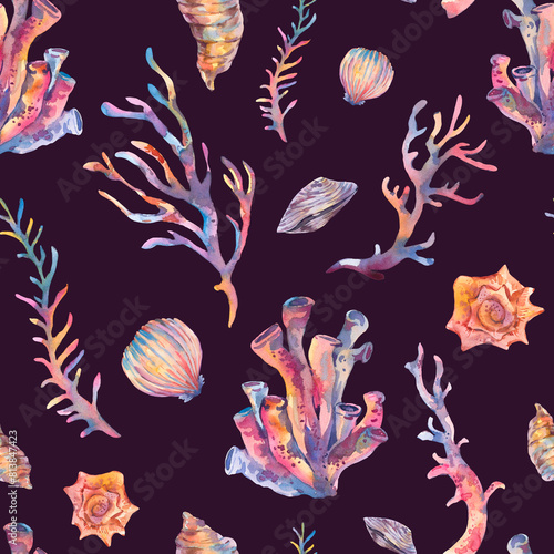 Watercolor Vintage Ocean Treasures Seamless Pattern, Seaweeds, Seashells (ID: 813847423)