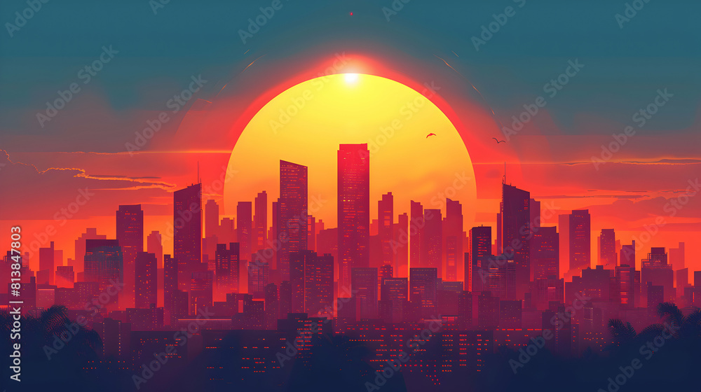 City Skyline Silhouette at Sunset with Dramatic Orange Glow   Flat Design Concept