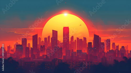 City Skyline Silhouette at Sunset with Dramatic Orange Glow Flat Design Concept