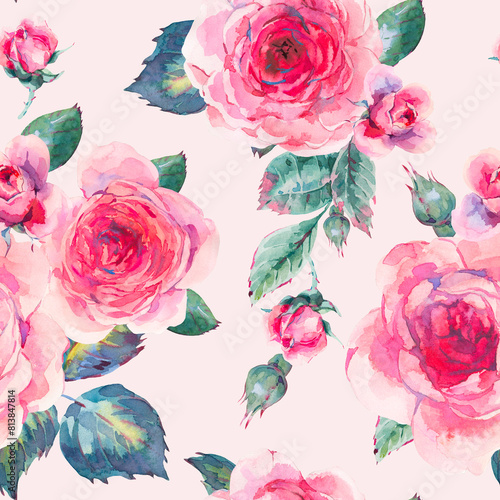 Watercolor Vintage Botanical Garden Roses Seamless Pattern (ID: 813847814)