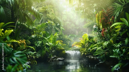 tropical green rainforest with exotic plants and animals photo